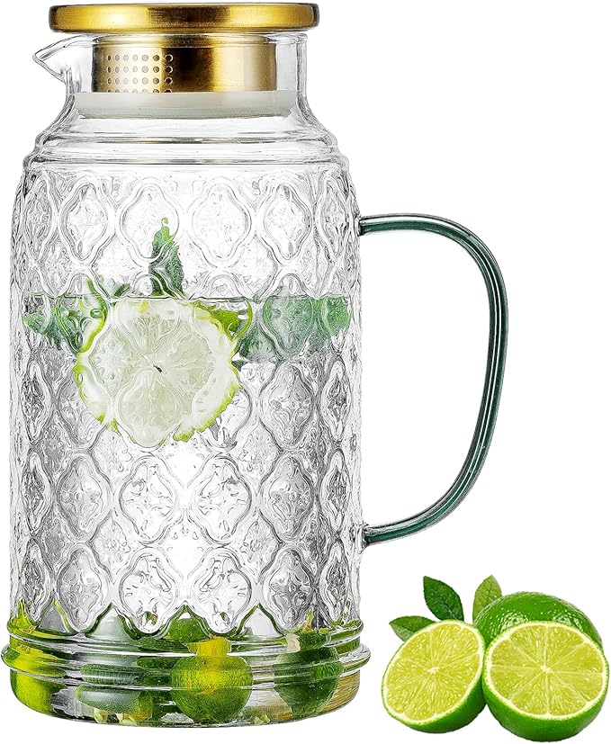 Buaic Glass Pitcher with Lid, 68 oz/2 Liter Vintage Water Pitcher, Iced Tea by Buaic