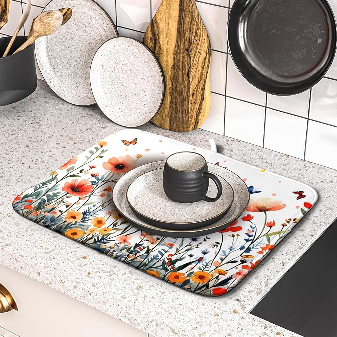 Poppy Flower Dish Drying Mat 16x18 Inch Floral Leaves Dish Drainer Protector - Image 5