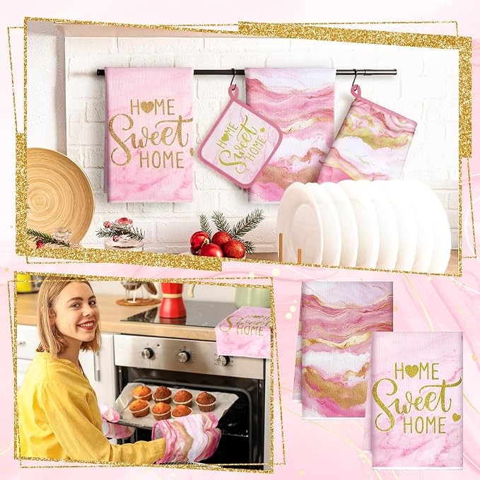 Bencailor 6 Pcs Marble Kitchen Decor Gold Pot Holders Oven Mitts 2 Dish Towels - Image 2