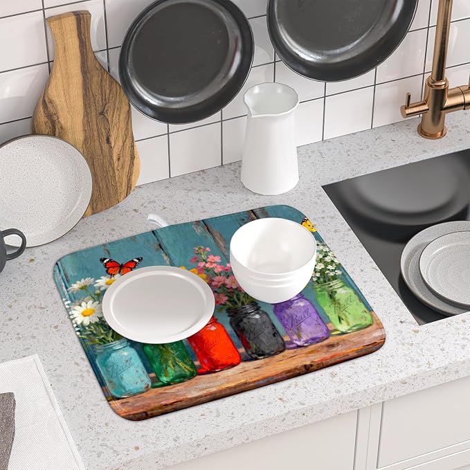 Small Dish Drying Mat for Kitchen Counter 16x18, Spring Summer Floral - Image 6