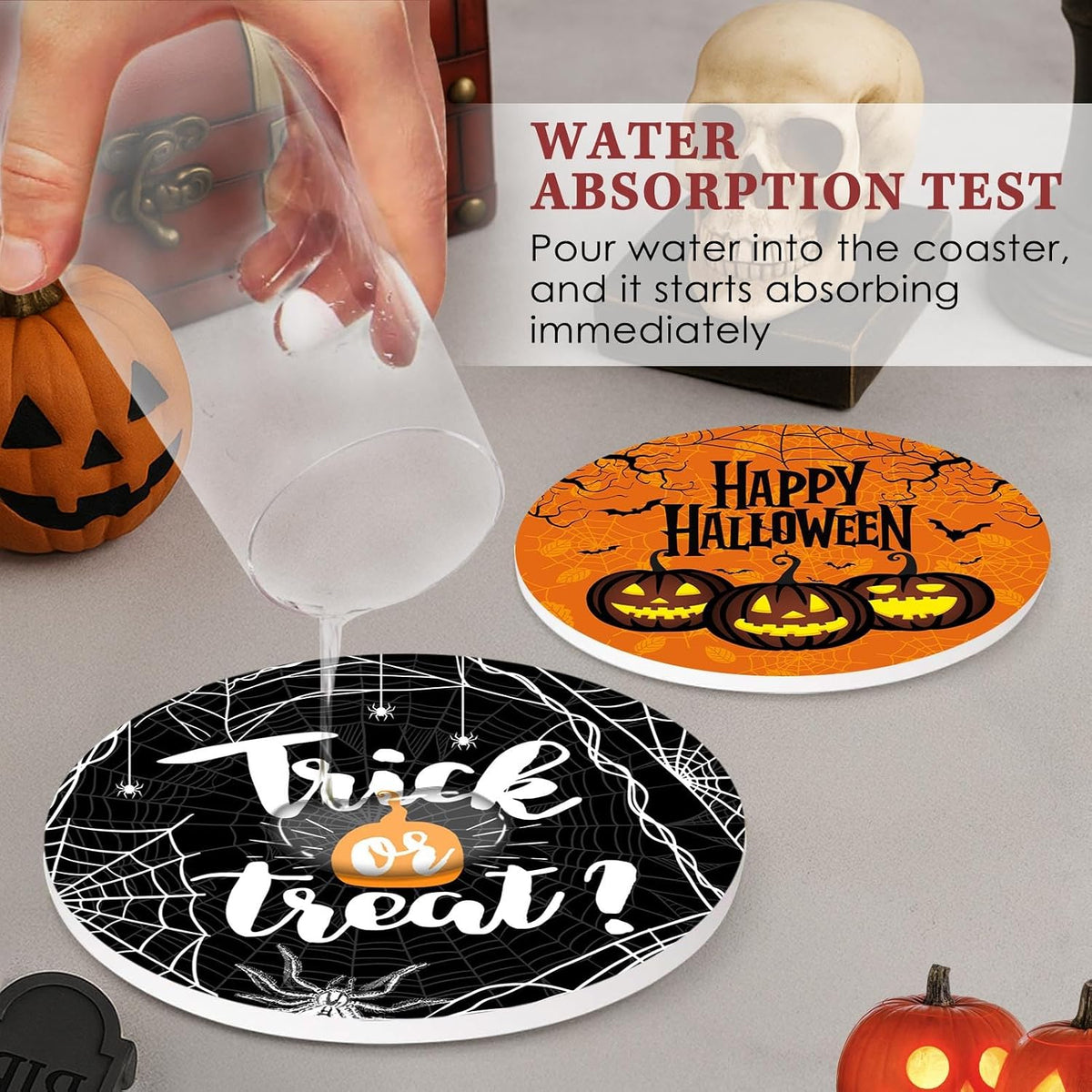 Halloween Ceramic Stone Coasters for Drinks, Set of 6, Pumpkin