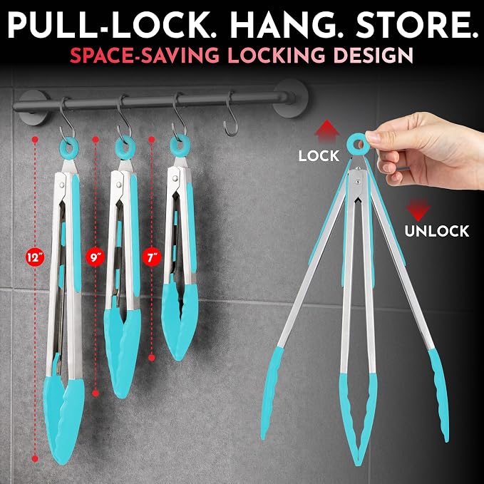 Kitchen Tongs with Silicone Tips Set of 3 Heat Resistant Tongs - Image 2
