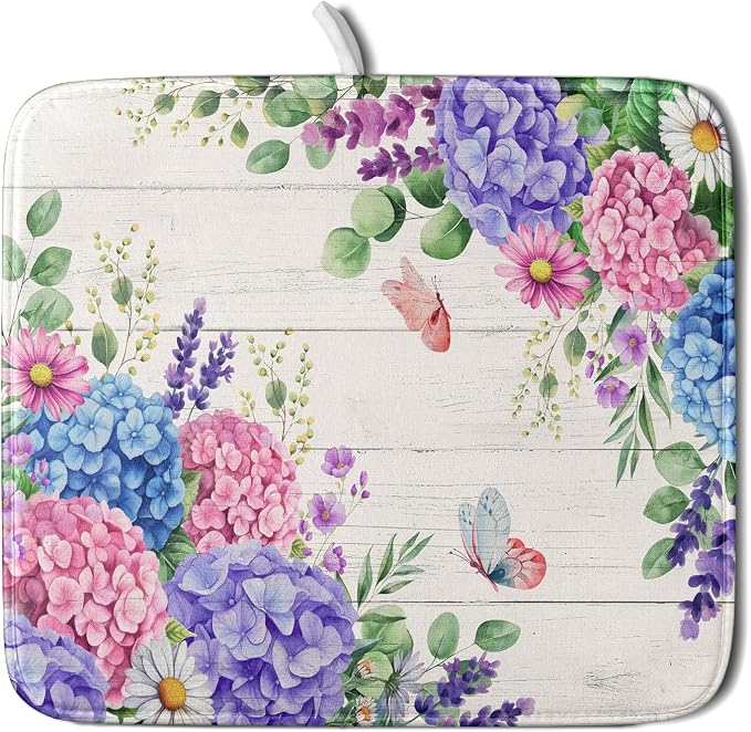 Hydrangea Floral Dish Drying Mat 16x18 inch Spring Summer Decorative Fast Dry by Giwawa