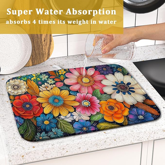 Giwawa Boho Flower Dish Drying Mat, Colorful Floral Leaf Dish Drainer Mats - Image 7