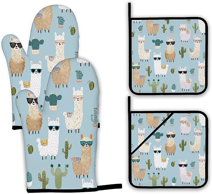 Cute Alpacas Oven Mitts and Pot Holders Set, Cactus Kitchen Decor Heat by Unknown