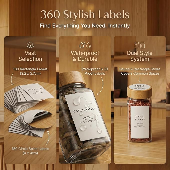Glass Spice Jars with 360 Labels -24 pcs- 4oz- Spice Containers with Bamboo - Image 3