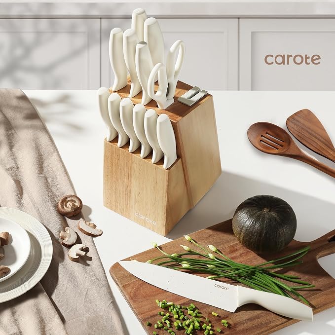 CAROTE 15Piece Knife Set, Kitchen Knife Block Set, Elegant White Ceramic-Coated - Image 8