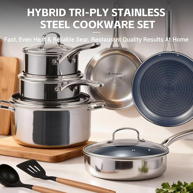 Ammeloo Hybrid Stainless Steel Cookware Set, 17-Piece Tri-Ply Pots and Pans Set - Image 7