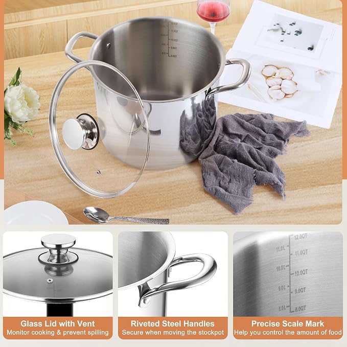 Herogo 12 QT Stock Pot, Tri-ply 18/10 Stainless Steel Cooking Pot - Image 4