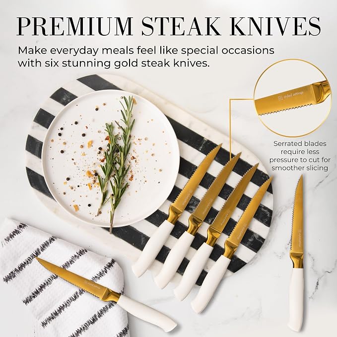 White and Gold Knife Set with Block - Image 7
