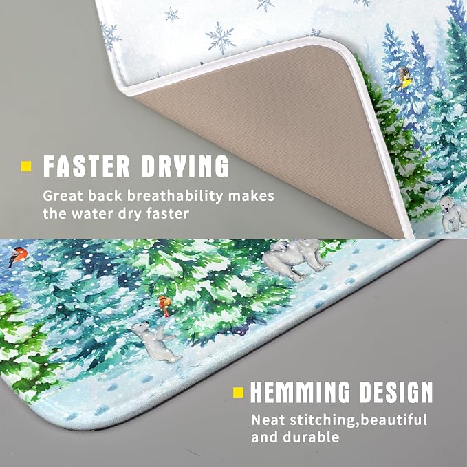 Watercolor Winter Dish Drying Pad Forest Kitchen Mat - Image 3