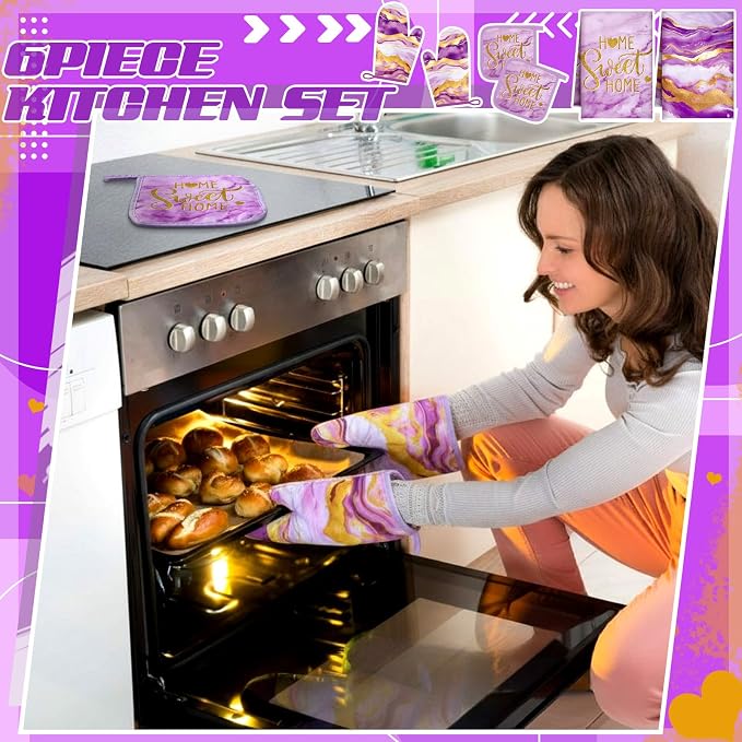 Bencailor Purple 6 Pcs Marble Kitchen Decor Gold Pot Holders Oven Mitts 2 Dish - Image 2