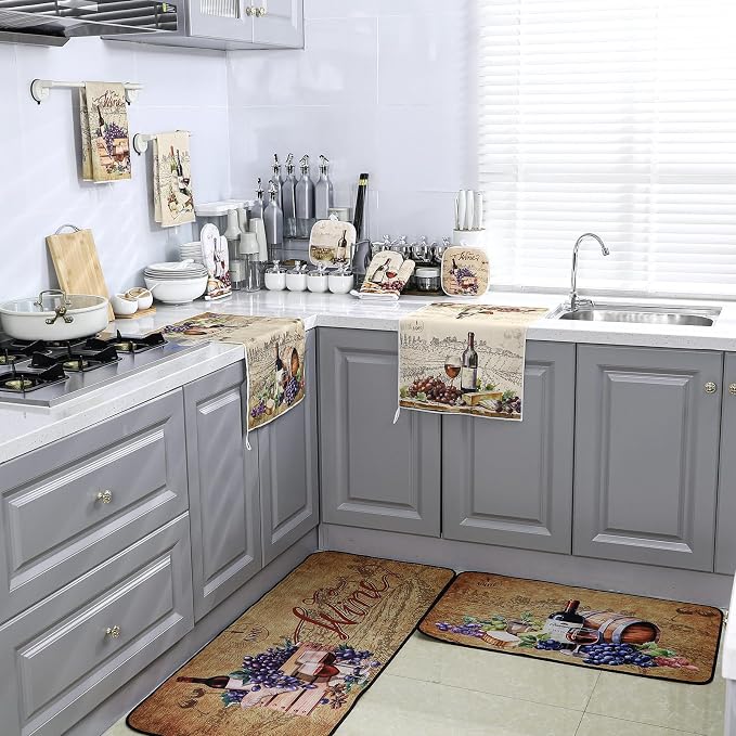 Fourluoo 10 Pcs Wine Kitchen Dish Towels Rugs Oven Mitts and Pot Holders Set - Image 7