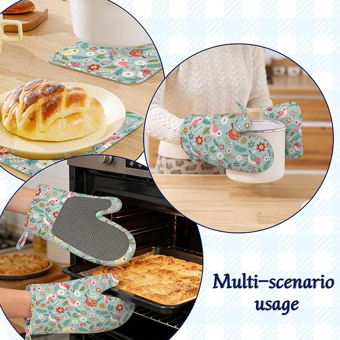 Birds Floral Potholders & Oven Mitts Sets Colourful Flowers Silicone Heat - Image 6