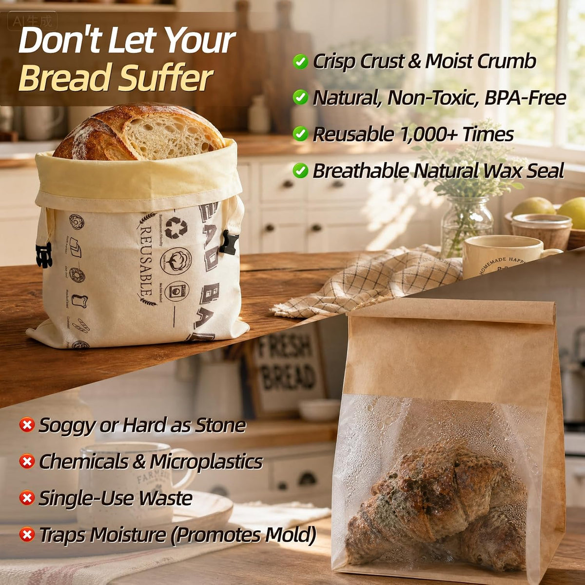 XL Beeswax Bread Bags for Homemade Sourdough,Set of 2