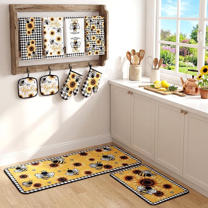 Fourluoo 10 Pcs Bee Kitchen Decor Set Kitchen Towels Rugs Oven Mitts and Pot - Image 4