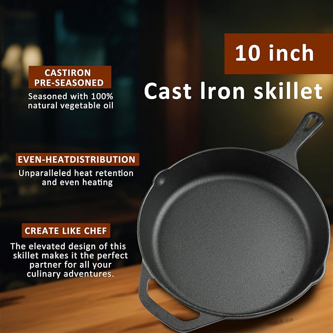10 Inch Cast Iron Skillet, Pre-Seasoned Frying Pan - Image 3