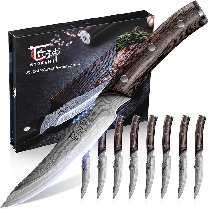 SYOKAMI Steak Knives Set of 8, 4.8 Inch Carbon Steel Japanese Style Non by SYOKAMI