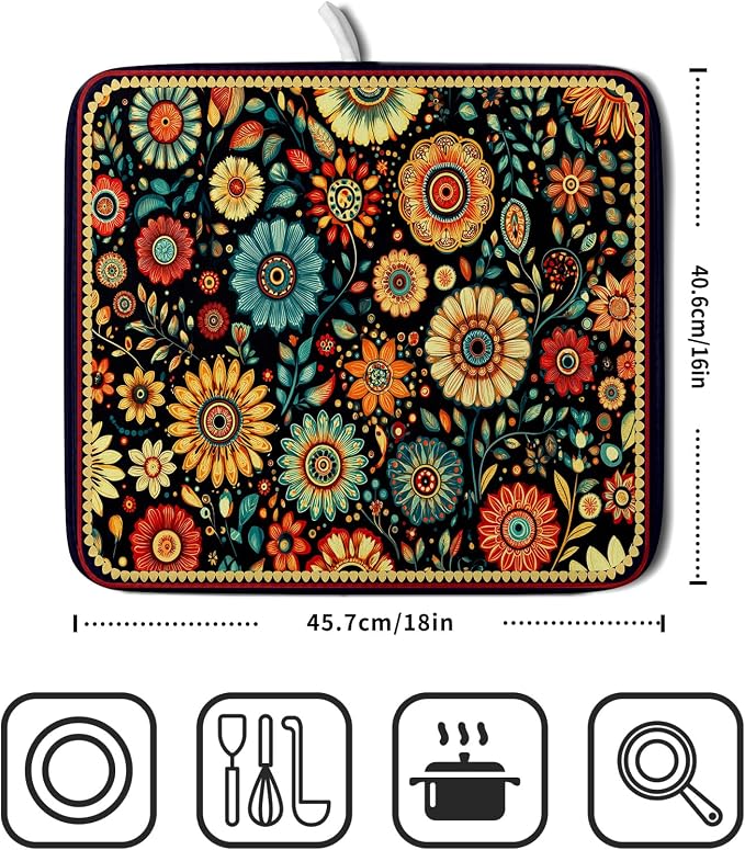 Bohemian Style Flowers Drying Pad Boho Floral Dish Drying Mat - Image 2
