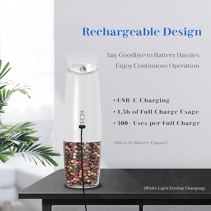 UNNEES Rechargeable Electric Salt and Pepper Grinder Set, Gravity Activated - Image 3