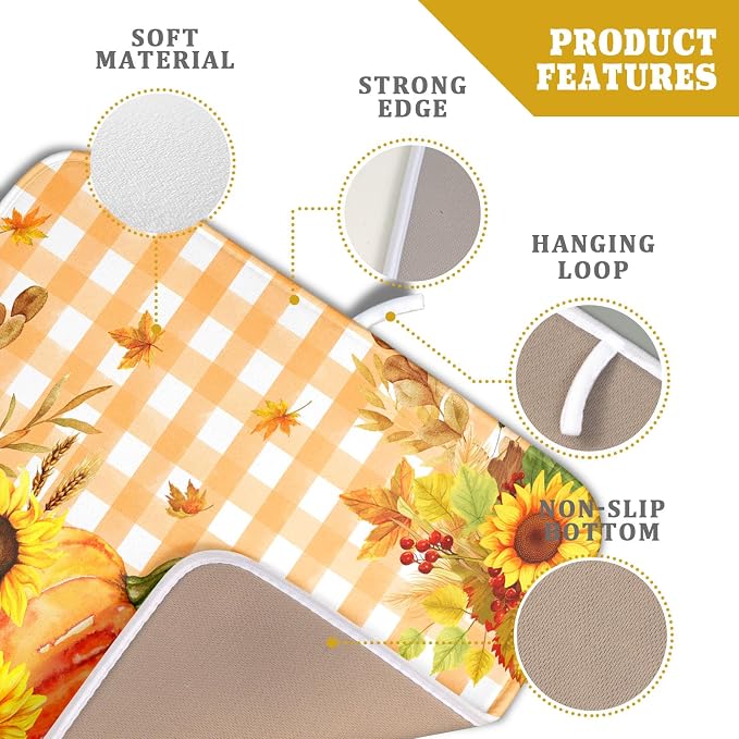 Autumn Maple Leaf Orange White Check Plaids Dish Drying Mat - Image 4