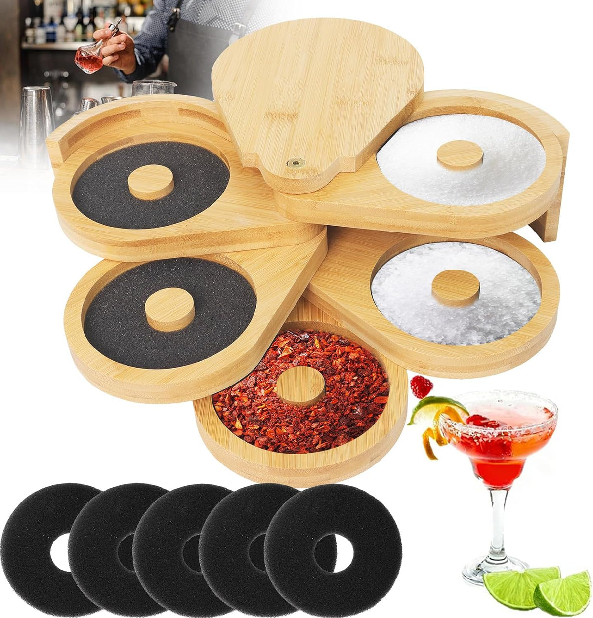 Bamboo Margarita Salt Rimmer Set, 5-Tier Cocktail Glass Rimmer