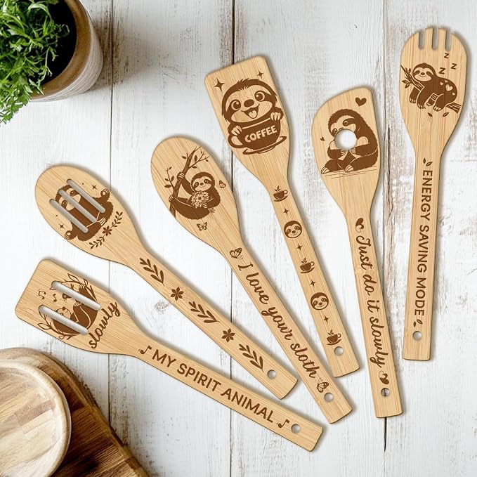 CUTHOLLOW 6PCS Sloths Wooden Kitchen Cooking Utensil Set, 11.9in Non Toxic by CUTHOLLOW