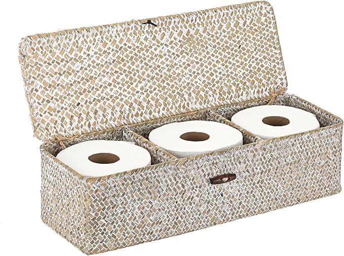 Hipiwe Storage Basket with Lid 3 Sections Handwoven Seagrass Basket Rectangular - Image 9