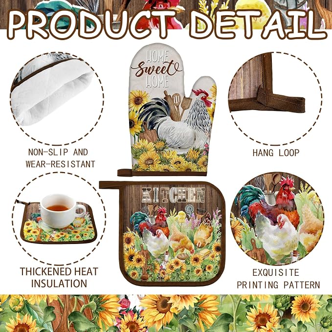 Leinuosen 6 Rooster Sunflower Farmhouse Kitchen Decor Dish Towels Oven Mitts - Image 5