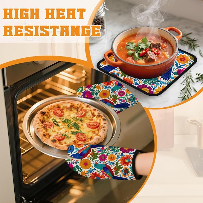 Colorful Bird Oven Mitts and Pot Holders, Flowers Mexican Style Heat Resistant - Image 6