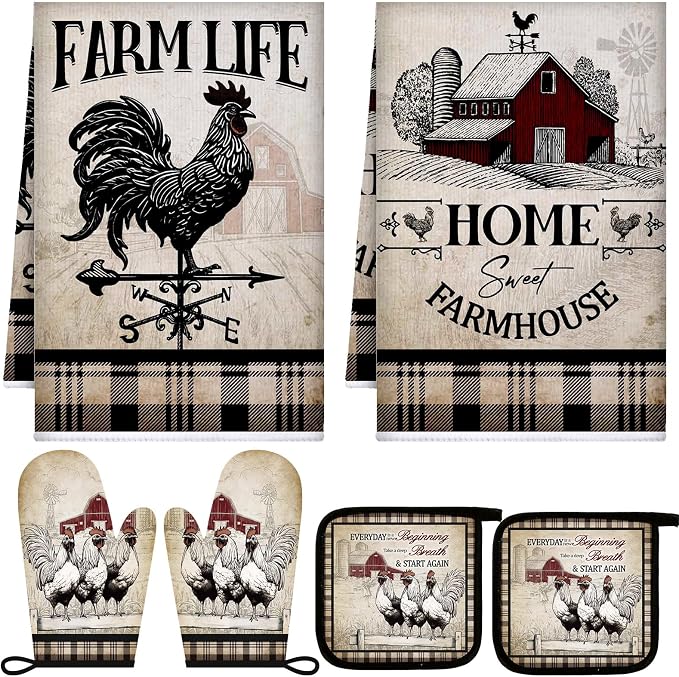 Leinuosen 6 Barn Farm Farmhouse Kitchen Decor Dish Towels Oven Mitts and Pot by Leinuosen