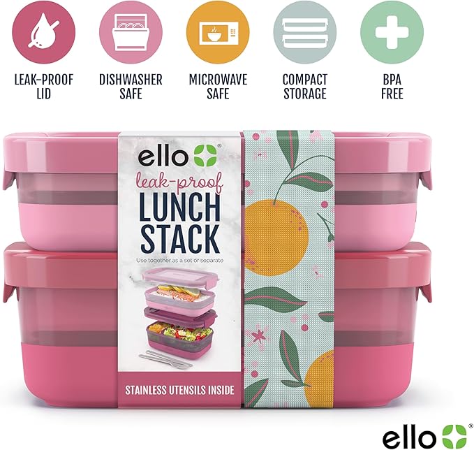 Ello 2-Pack Lunch Stack Plastic Food Storage Container Bento Box - Image 3
