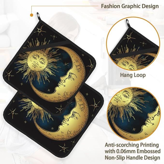Celestial Moon Golden Sun Boho Chic Stars Pot Holder Set of 2, Heat Resistant - Image 4