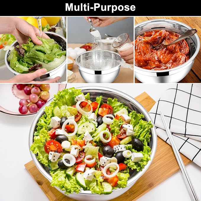 E-far Mixing Bowls with Lids, 6-Piece Stainless Steel Salad Bowls Metal Nesting - Image 4