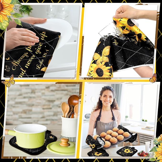 Fourluoo 10 Pcs Sunflower Butterfly Kitchen Dish Towels Rugs Oven Mitts and Pot - Image 4