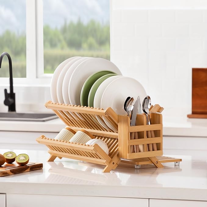 Bamboo Dish Drying Rack with Utensil Holder, 3 Tier Collapsible Dish Rack - Image 6
