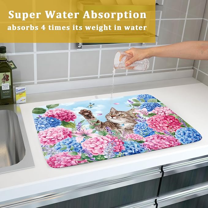 Cute Cat Dish Drying Mats for Kitchen Counter Hydrangea Floral Absorbent Drying - Image 7