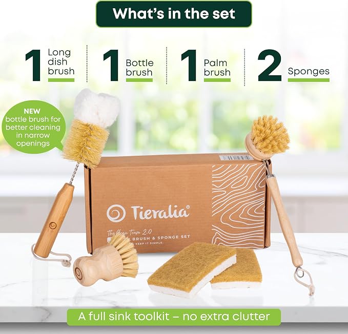 Tieralia Bamboo Dish Brush Set 5 Piece – Eco Friendly Kitchen Cleaning Kit - Image 4