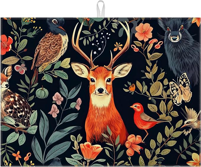 Vintage Deer Dish Drying Mat for Kitchen Counter Wild Animals Drying Pad by MOUNTANLLY