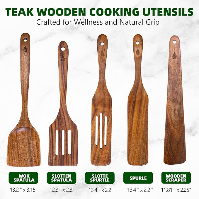5 PCS Wooden Spatula for Cooking, Natural Teak Wooden Utensil Set, Non-Toxic - Image 3