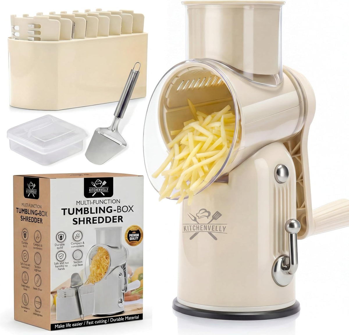 Rotary Cheese Grater Hand Crank, 5 in 1 Vegetable Slicer, Manual