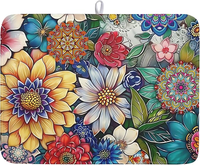 Boho Floral Dish Drying Mat for Kitchen Counter 18x24 Inch Super Absorbent by Kawani