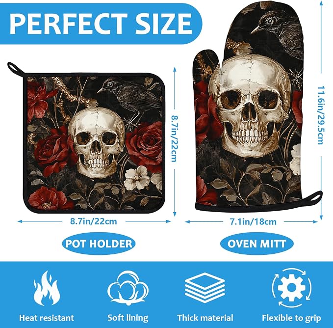 Halloween Skull Rose Crow Oven Mitts and Pot Holders Sets Heat Resistant 4Pcs - Image 2