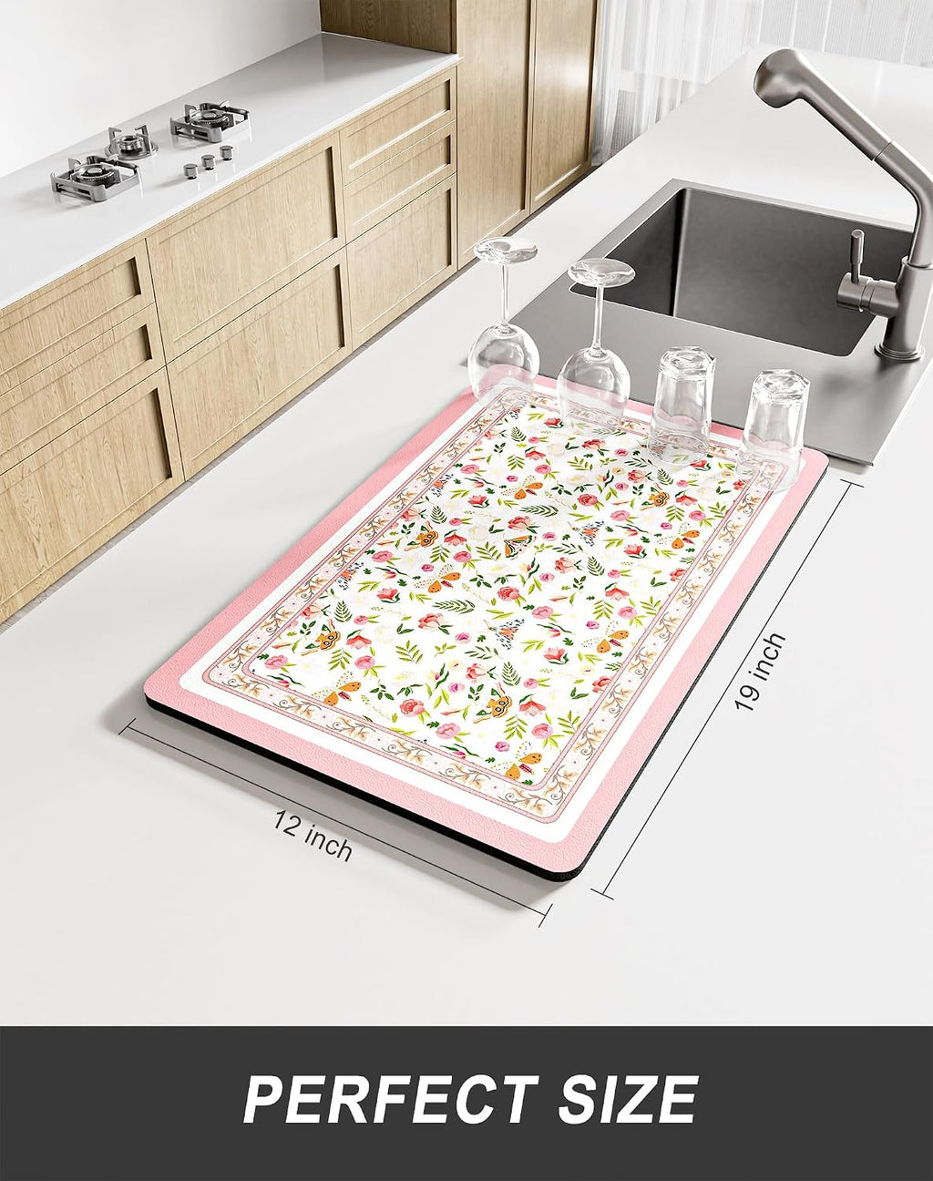 Rnivvi Dish Drying Mat for Kitchen Counter, 12 x 19" Cute Flower Theme