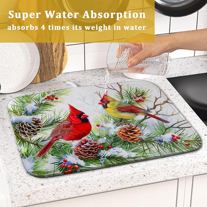 Giwawa Red Birds Dish Drying Mat, Xmas Tree Branch Holly Red Berries Dish - Image 7