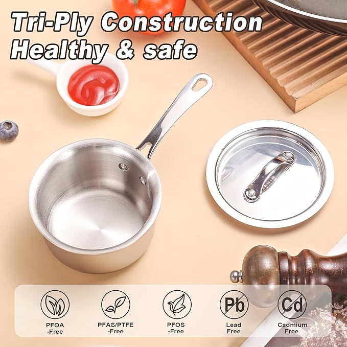Mini Sauce Pan with Lid, Tri-Ply Stainless Steel Pot with Stay-Cool Handle & - Image 4