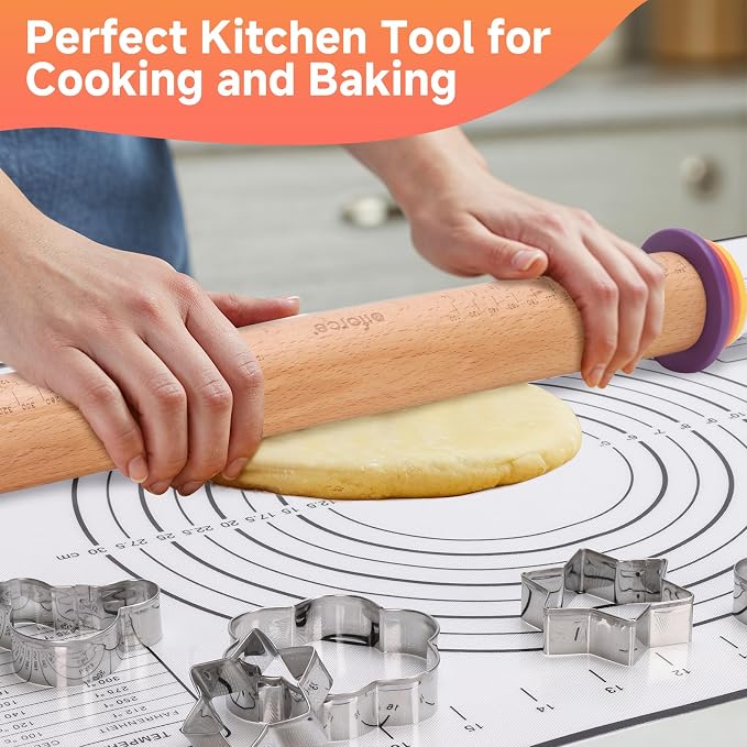Wooden Rolling Pin with Thickness Rings and Pastry Baking Mat, Pie Crusts - Image 2
