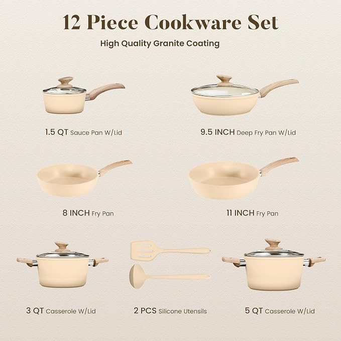 Kitchen Academy 12-Piece Induction Cookware Set, Nonstick Granite Pots and Pans - Image 8