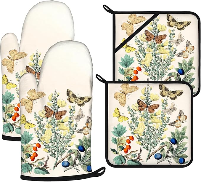 Wildflowers Butterfly Oven Mitts and Pot Holders Sets 4Pcs, Extra Long Oven by VisittheDuibelproduct