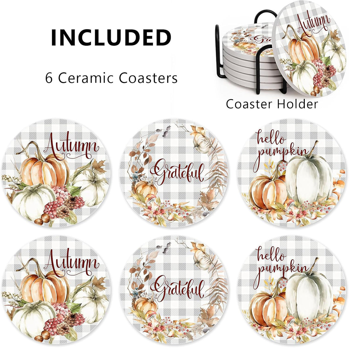 6Pcs Fall Plaid Pumpkin Coasters with Holder, White Pumpkin Ceramic